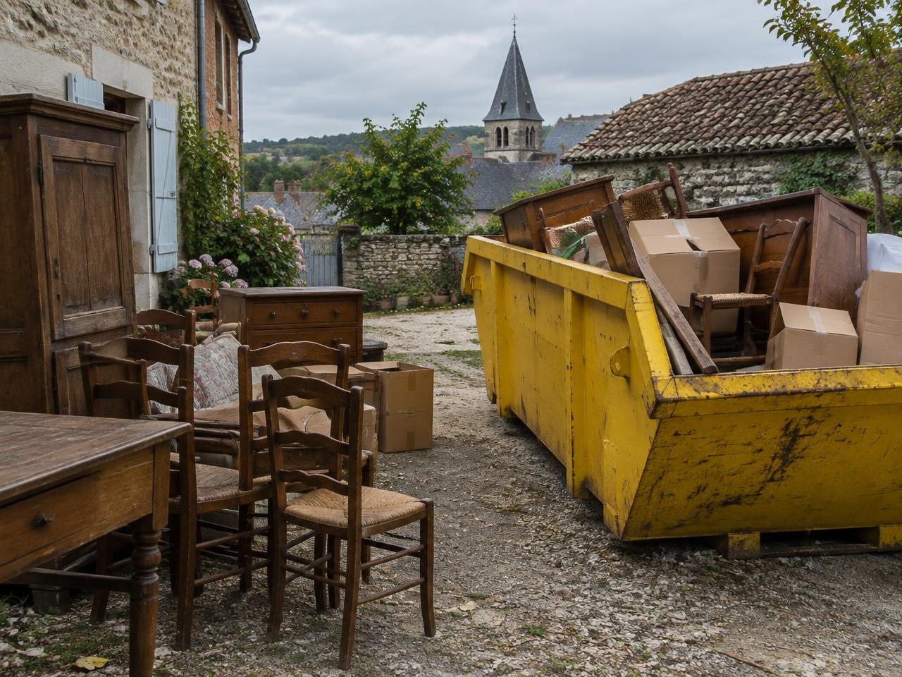 Meubles anciens chargés dans une benne lors d'un débarras