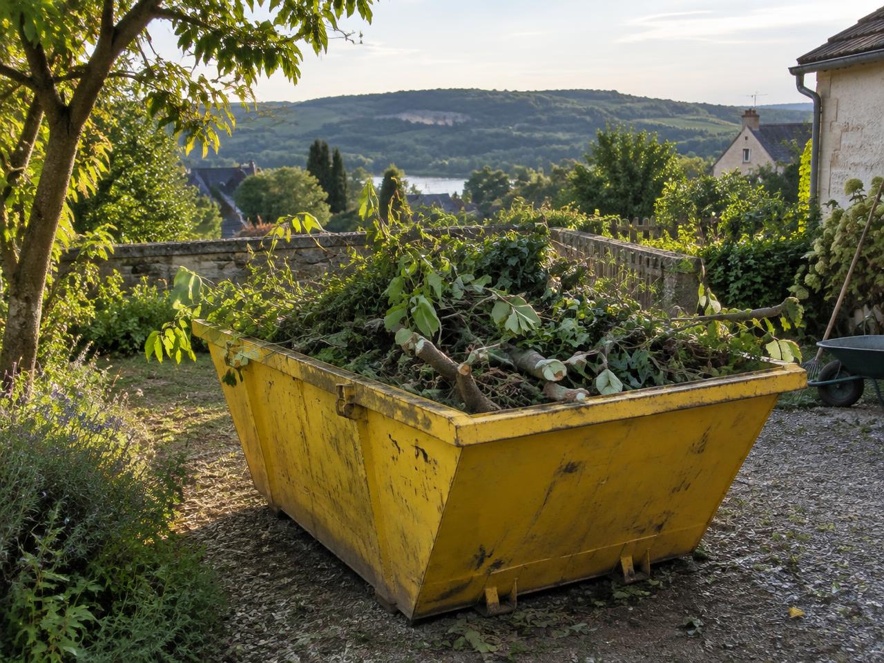 Branchages et déchets verts dans une benne, jardin de la Loire